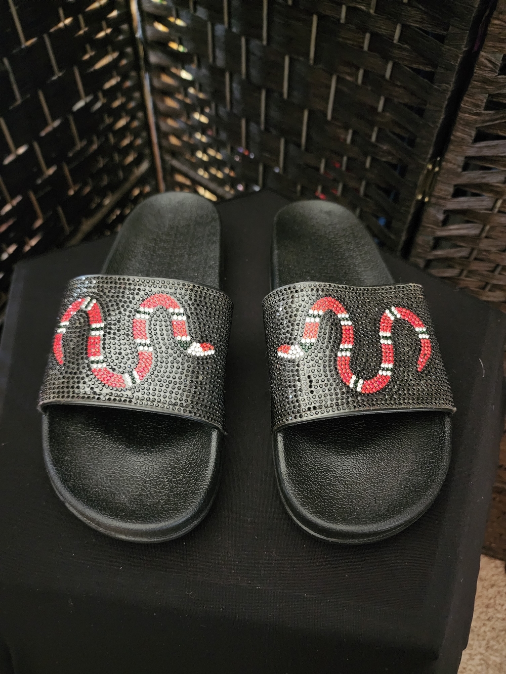 Black Slide Sandals with Red & White Snake Design.  (B1)